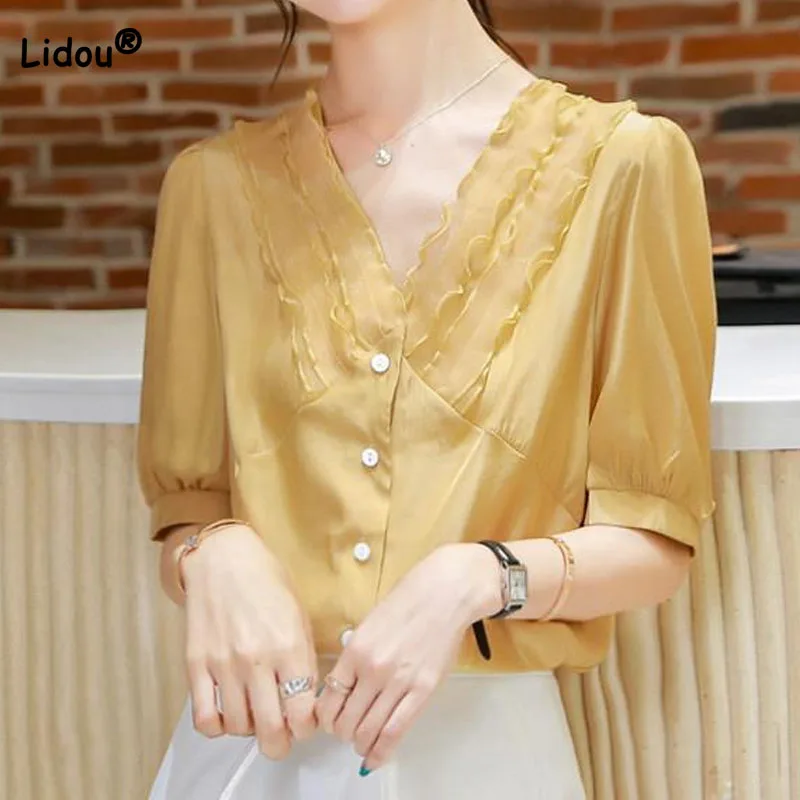 Elegant Fashion V-Neck Spliced Chiffon Shirt Women's Clothing Summer New Sweet Female Short Sleeve Solid Color Button Blouse
Elegant Fashion V-Neck Spliced Chiffon Shirt Women's Clothing Summer New Sweet Female Short Sleeve Solid Color Button Blouse