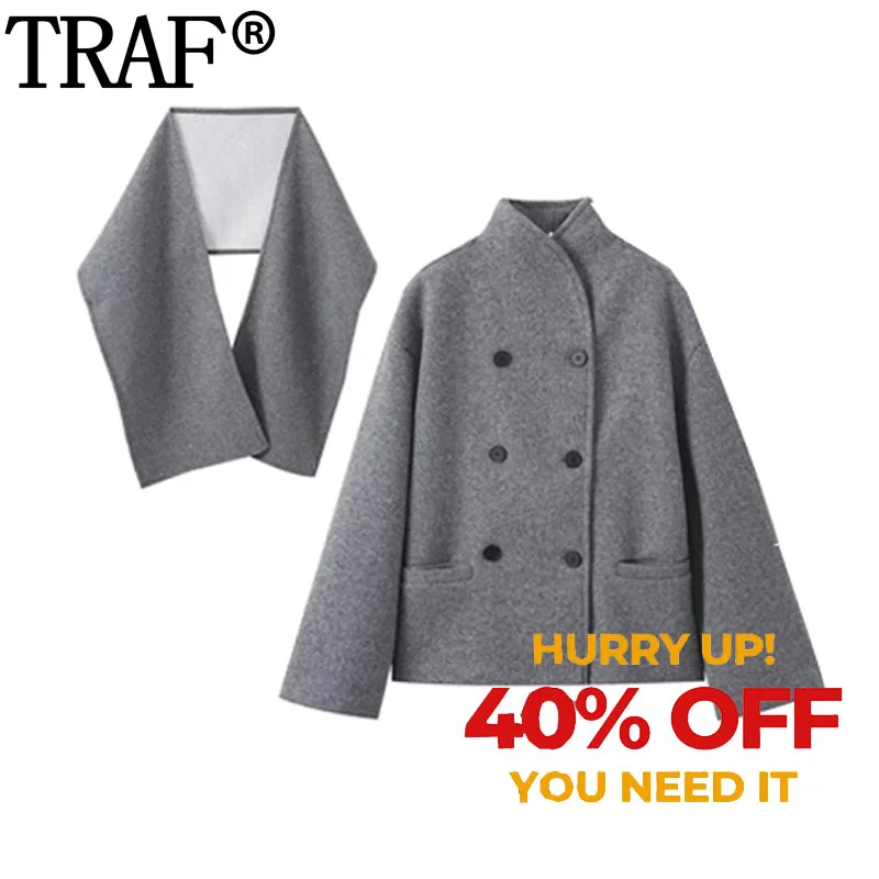 

TRAF 2024 Tweed Faux Wool Coats Woman Grey Cropped Jacket Women Double Breasted Autumn Winter New In Jackets Long Sleeve Coat