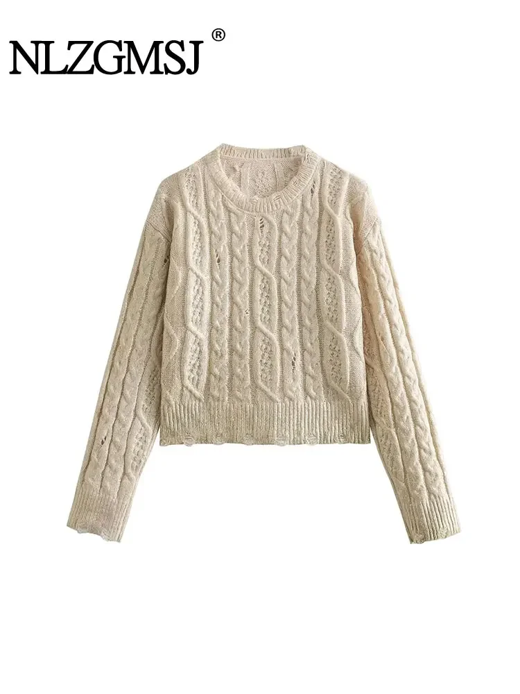 

Nlzgmsj TRAF 2024 Women Textured Knitted Pullover Sweater Vintage Autumn Winter Causal Elegant Loose Warm Tops