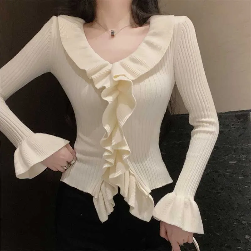 

Fashion V-Neck Spliced Ruffles Flare Sleeve Blouses Women's Clothing 2024 Spring New Slim Knitted Casual Tops Korean Shirts