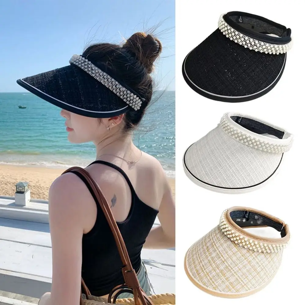 

Empty Top Sun Visor Hat Fashion Beach Supplies Wide Brim Straw Cap Pearls UV Protection Sunscreen Hat Travel