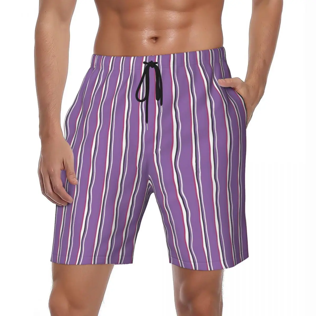 

Шорты мужские пляжные в полоску, стильные плавки, быстросохнущие Короткие штаны для бега, с принтом, фиолетовые и белые