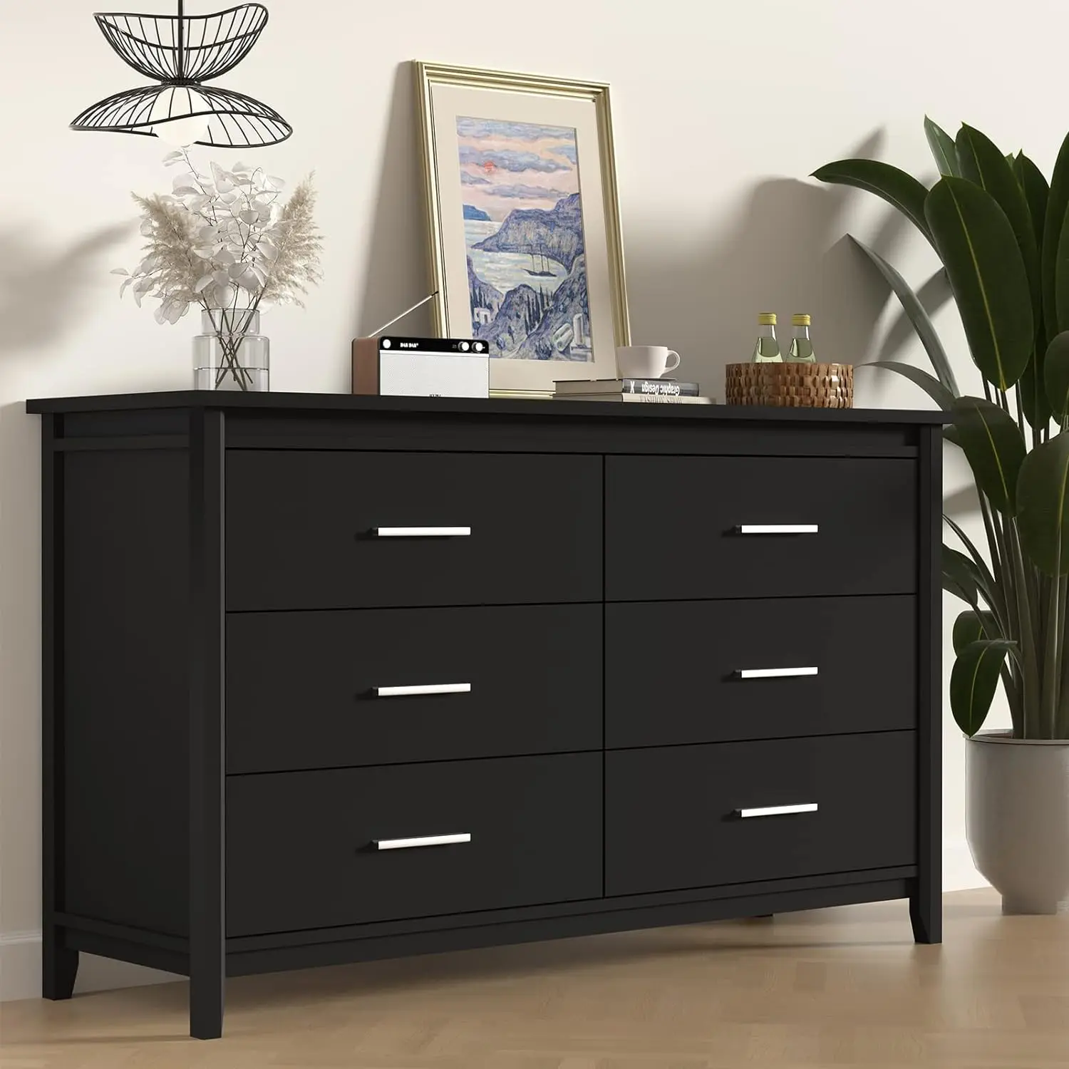 

6 Drawers Double Wood Dresser, Wide Chest of Drawer with Metal Handles, TV Stand & Storage Cabinet for Bedroom Living Room