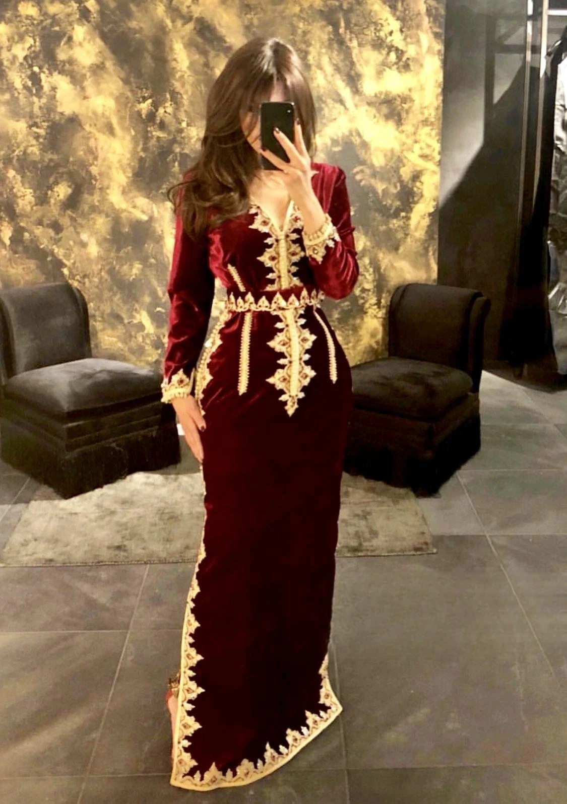 

Burgundy Moroccan Kaftan Muslim Evening Dresses A-line V-neck Long Sleeves Appliques Dubai Arabic Turkey Caftan Islamic Gown