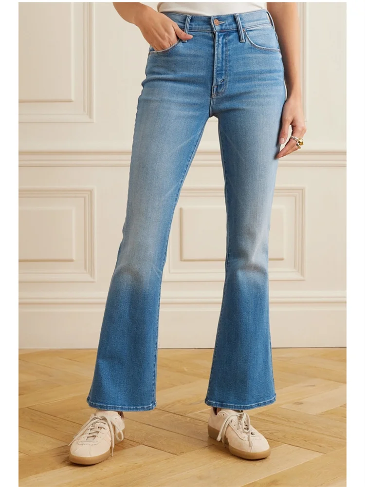 

Женские узкие джинсы-клеш, синие джинсовые брюки до щиколотки с высокой талией, весна 2024