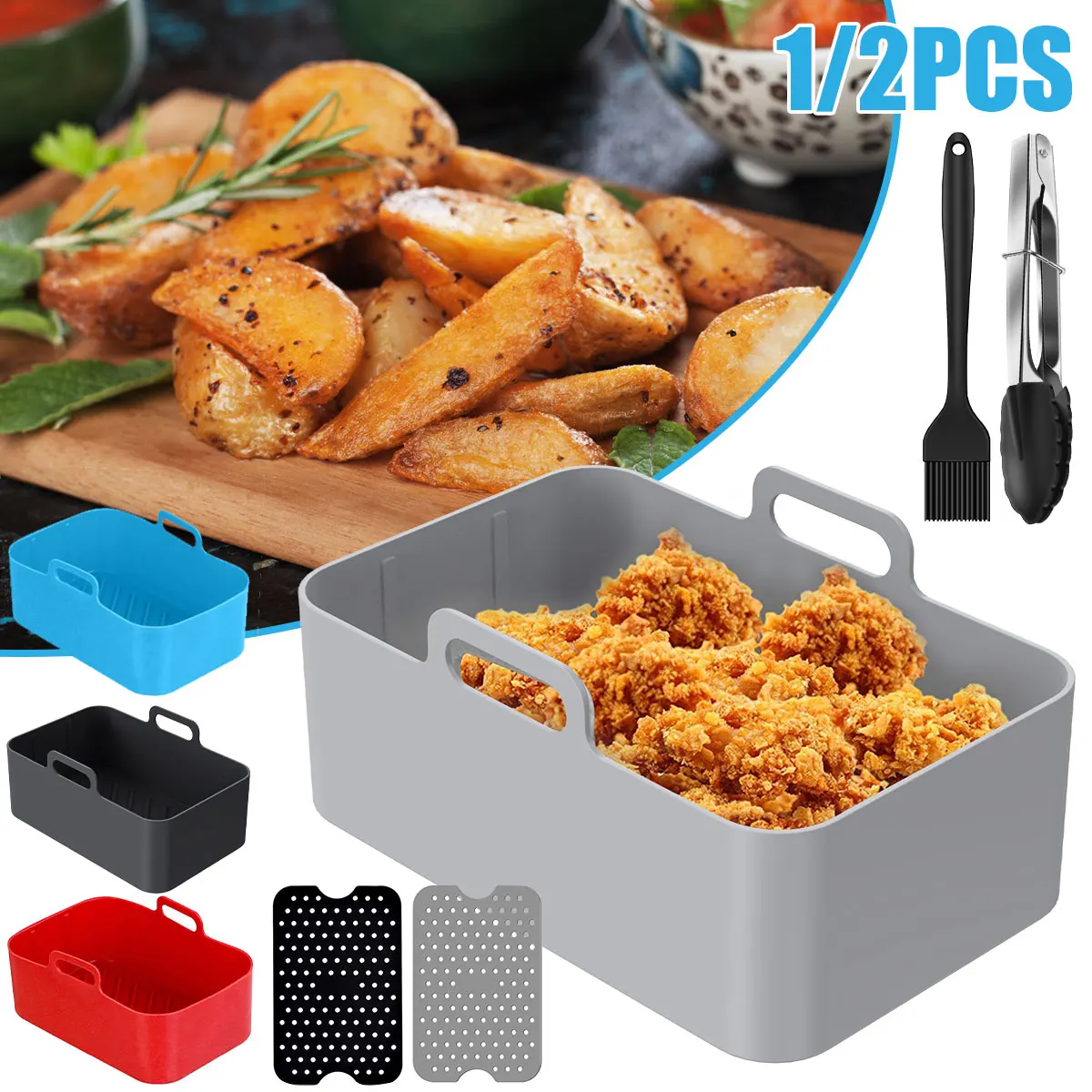 

Reusable Silicone Air Fryer Liner Basket Square Air Fryer Pot Tray Heat Resistant Food Baking for AirFryer Chicken Accessories