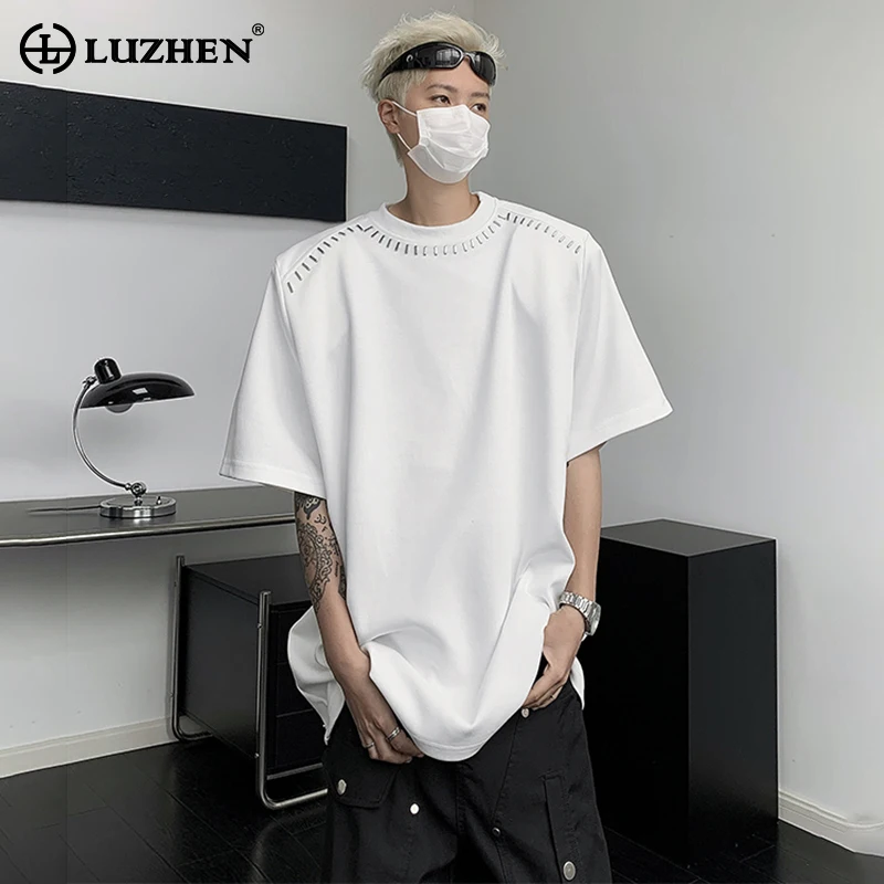 

LUZHEN Fashion Splicing Design Short Sleeve T Shirts Men's Summer New Street Loose Solid Color Casual Tops 2024 Clothes LZ3203