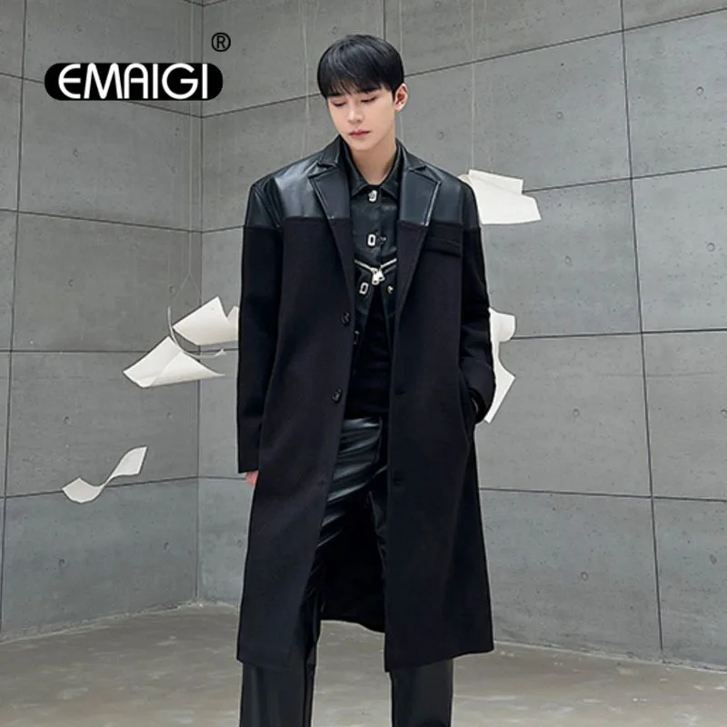 

Men Leather Splice Woolen Loose Casual Trench Coat Male Streetwear Fashion Punk Gothic Long Trenchcoat Windbreak Jacket Overcoat