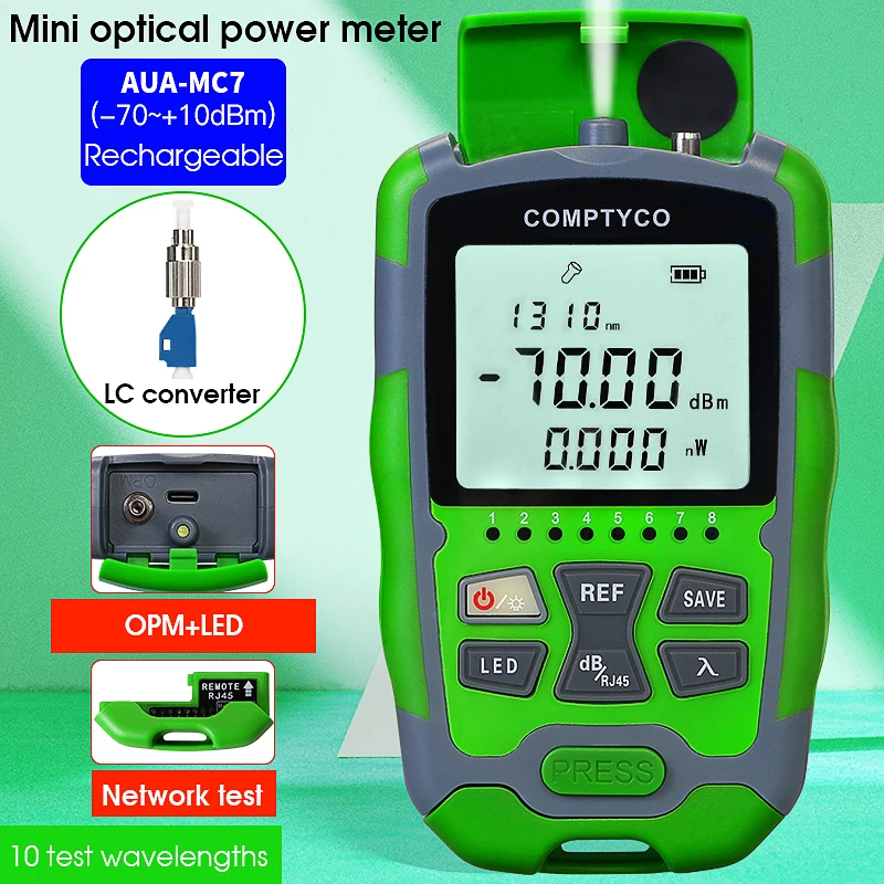 

Mini Optical Power Meter AUA-MC7/MC5/M7/M5 Fiber Optic Cable Tester OPM -70~+10/-50~+26dBm With Network Test and LED Lighting