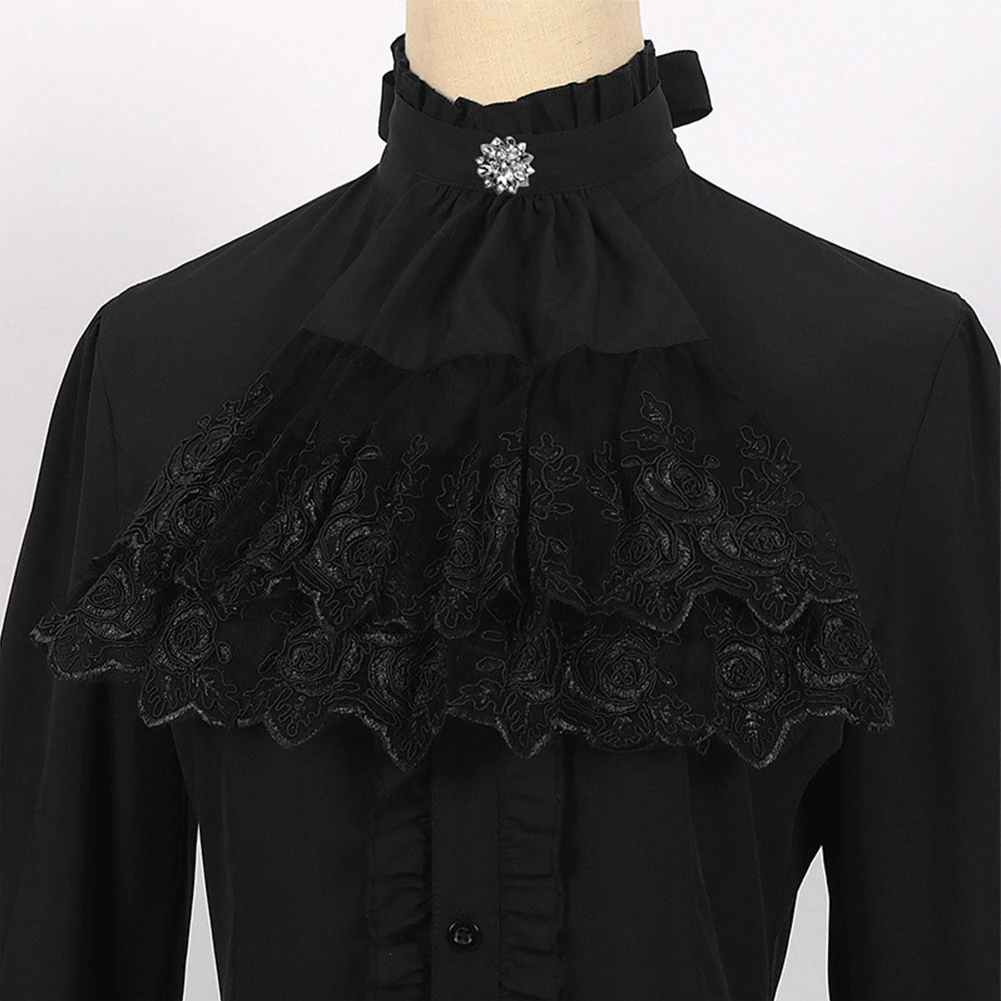

Tops Shirt Black Design Detachable Collar Flare Sleeve For Women Lace Mock Neck Ruffles Bandage Solid High Quality