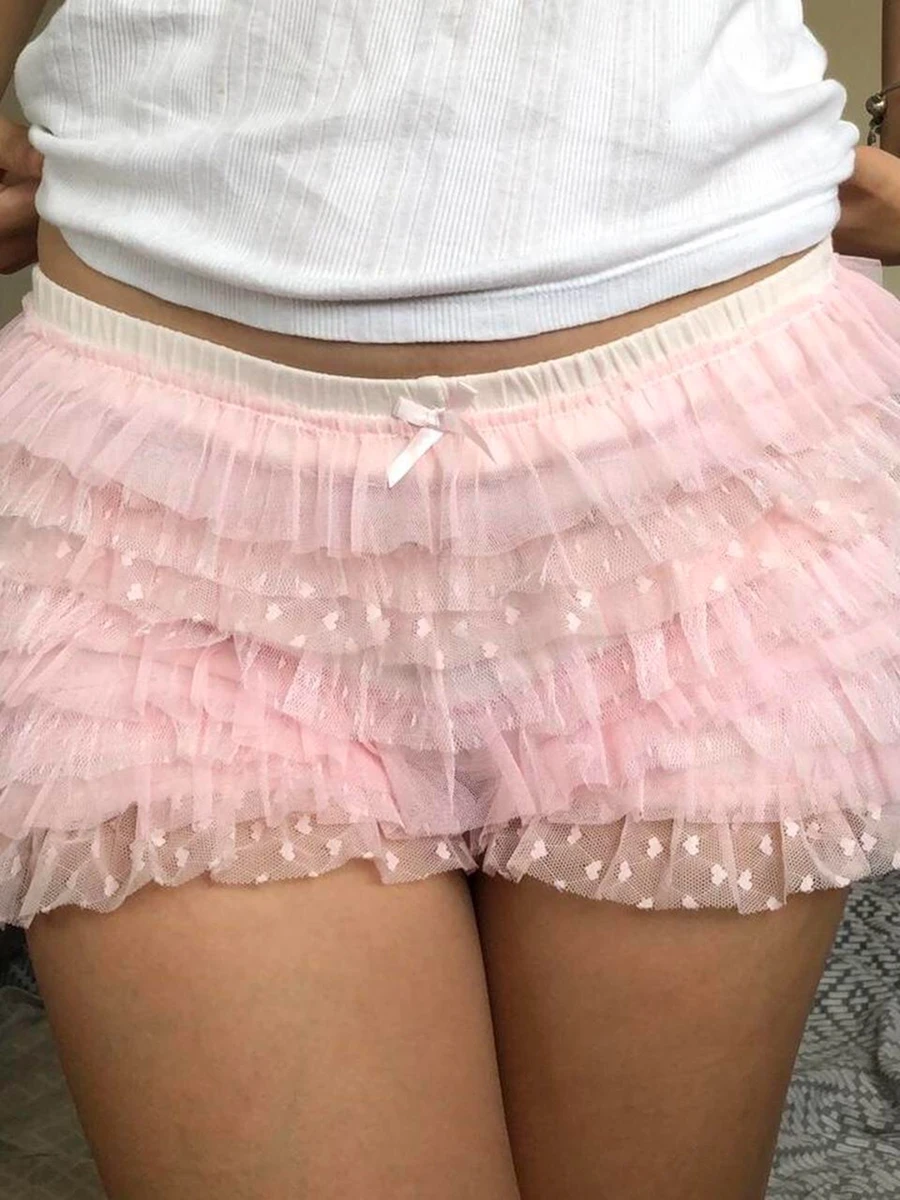 

Women Summer Fashion Lace Kawaii Tassels Lolita Multi layered Lace Shorts Elastic Bands Layered Sheer Street Clothing Shorts