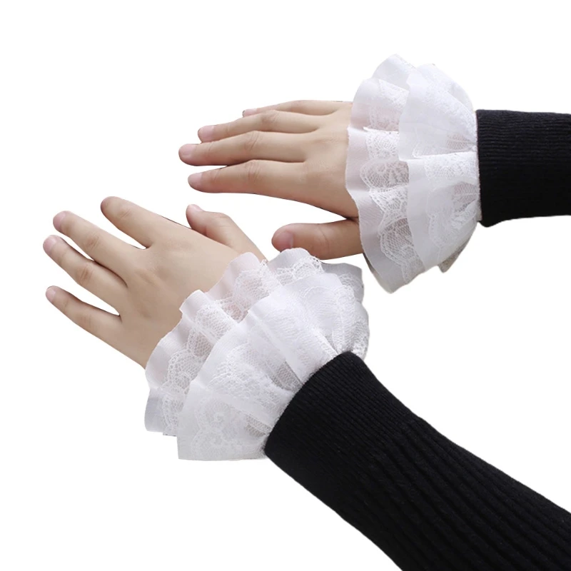 

50JB Literary Women Sweet Fake Sleeves Double Layer Lace Detachable Flared Cuffs Sweater Decorative Wrist Warmers