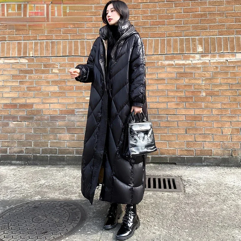 

Women's Winter Down Jackets 2024 Trend Super Long Female Bright Black Thick Hooded Puffy Coat Ladies пуховик