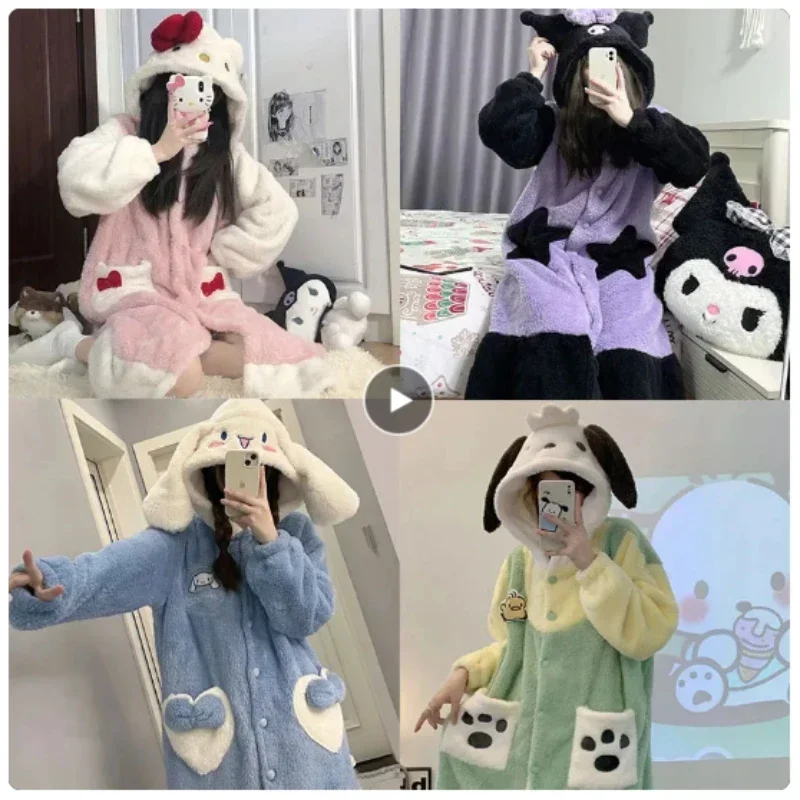 

Sanrio Hello Kitty Plush My Melody Kuromi Winter Pajama Set Night Robe Thicken Warm Cartoon Pyjamas Pant Coral Fleece Sleepwear