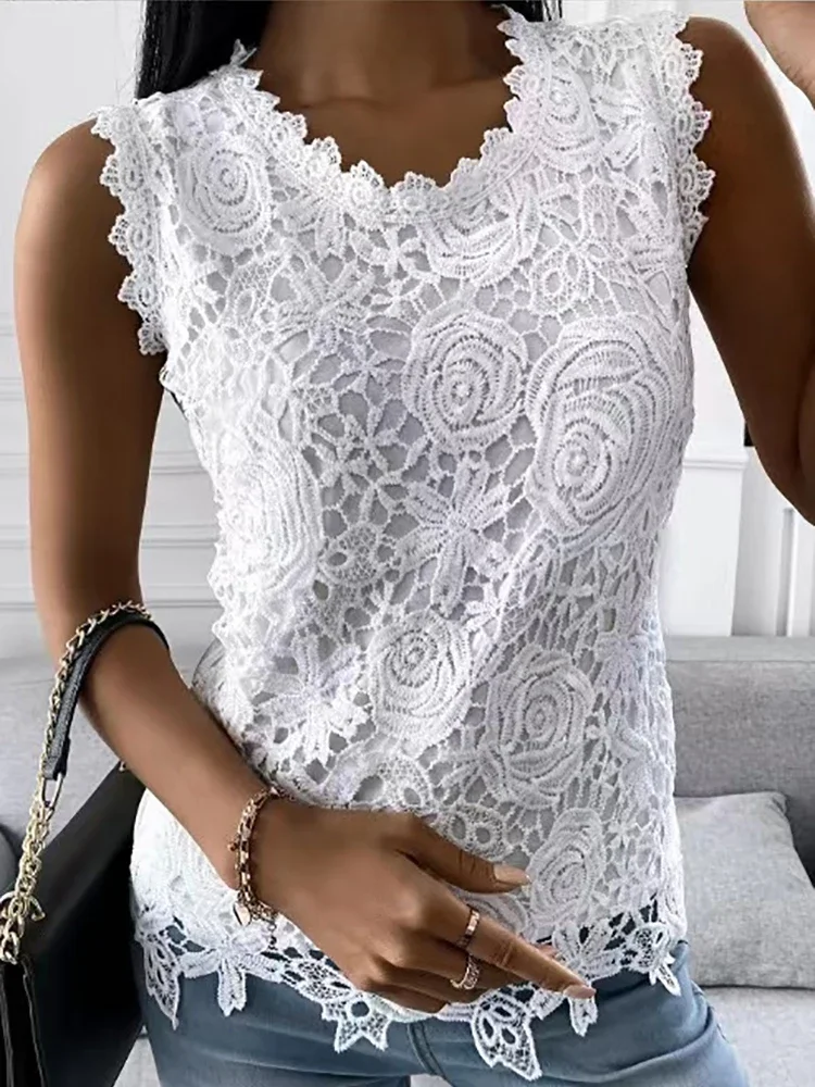 

Vintage Lace Jacquard Blouses Women Tops Summer Sleeveless Solid Color Vest Top Ladies Casual O-Neck Camisole Tank Shirts