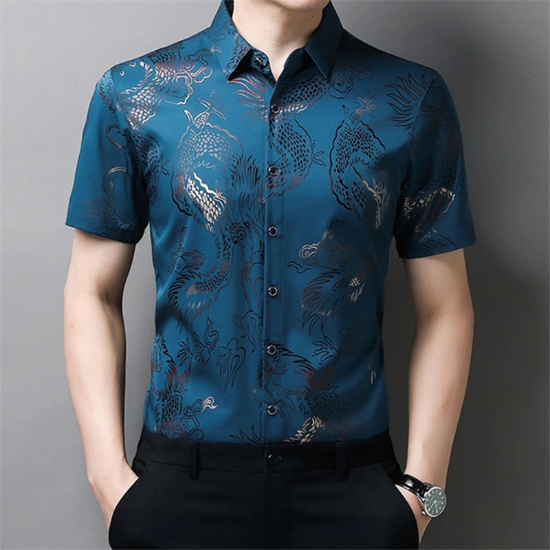 

Men Vintage Chinese Style Dragon Print Short Sleeve Button Shirts 2023 Summer Fashion Business Casual Slim Tops Y2K Ropa Hombre