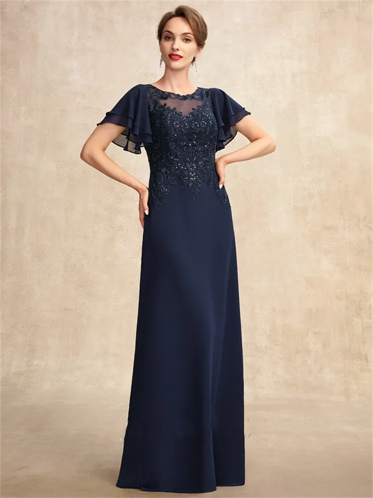 

Sheath/Column Mother of the Bride Dress Elegant Jewel Neck Back Zipper Floor Length Chiffon Lace Short Sleeve with Appliques