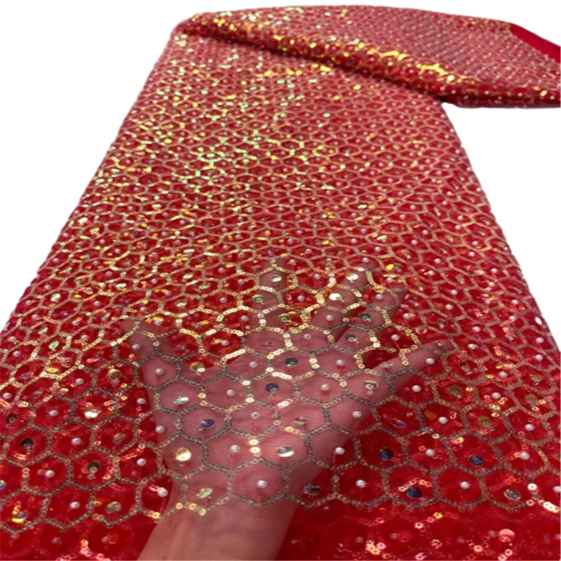 Gold Sequins Tulle Lace Red African Sequence Lace Fabric with Beads High Quality Nigerian French Mesh Net Lace Fabric J99-3 
Gold Sequins Tulle Lace Red African Sequence Lace Fabric with Beads High Quality Nigerian French Mesh Net Lace Fabric J99-3
