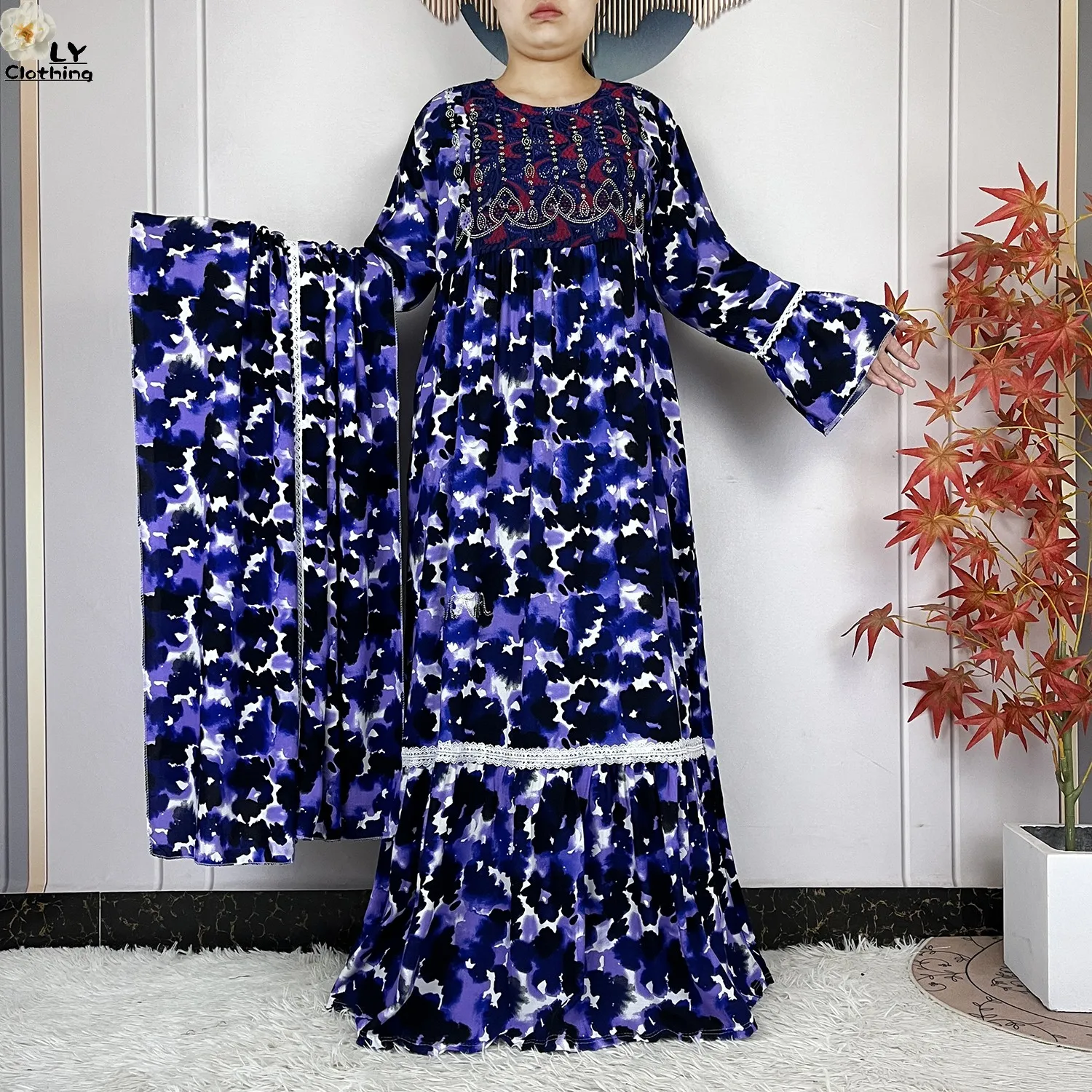 فستان نسائي جديد موضة 2026 بتصميم زهري وأكمام طويلة من القطن مع وشاح كبير، قفطان دبي، فستان فضفاض كاجوال، فساتين أفريقية فستان نسائي جديد موضة 2026 بتصميم زهري وأكمام طويلة من القطن مع وشاح كبير، قفطان دبي، فستان فضفاض كاجوال، فساتين أفريقية