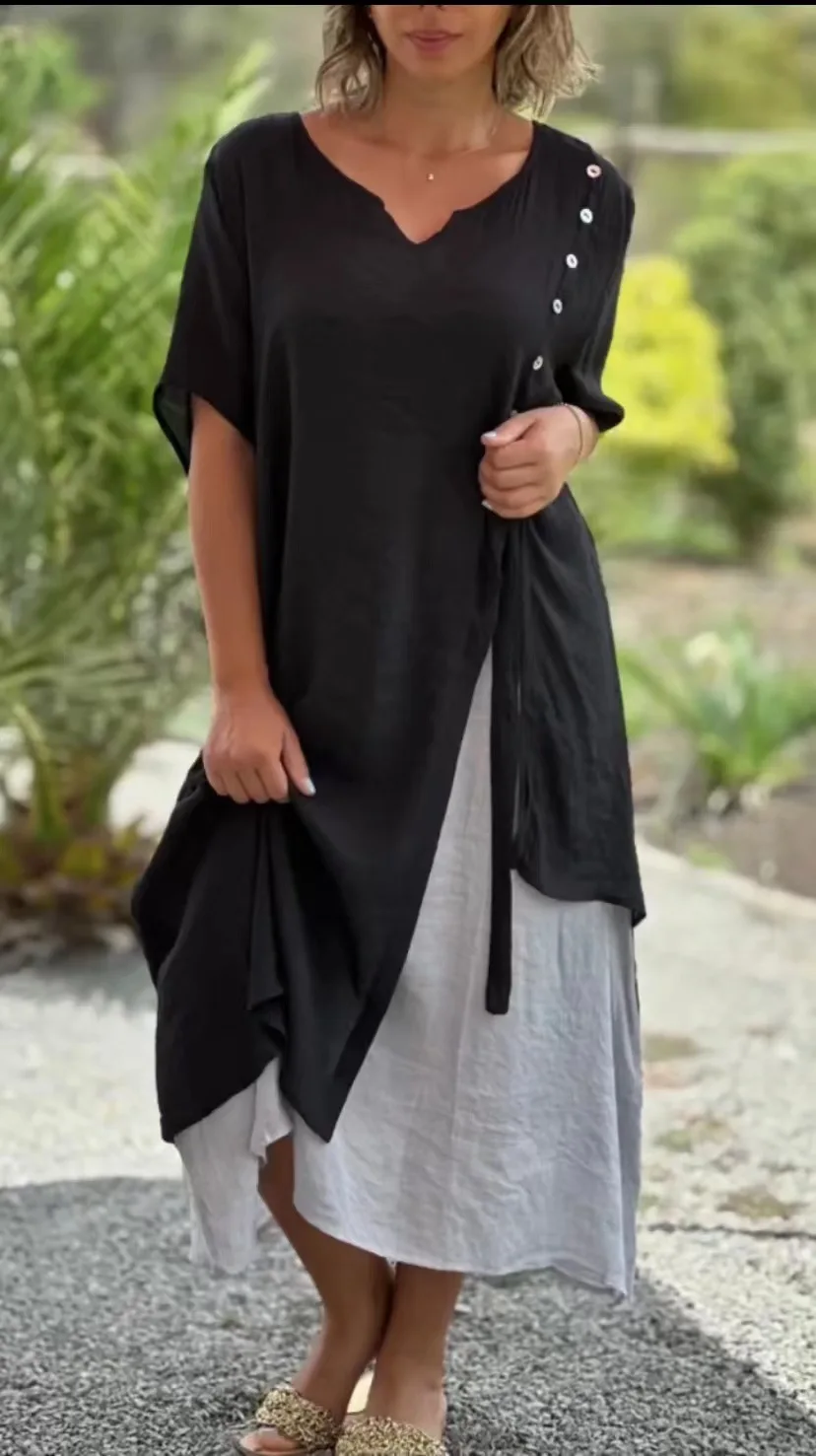 2024 Spring Women Dress Long Black V-neck Short Sleeve Patchwork Elegant Dresses Female Summer Casual Loose Clothes Ladies
2024 Spring Women Dress Long Black V-neck Short Sleeve Patchwork Elegant Dresses Female Summer Casual Loose Clothes Ladies