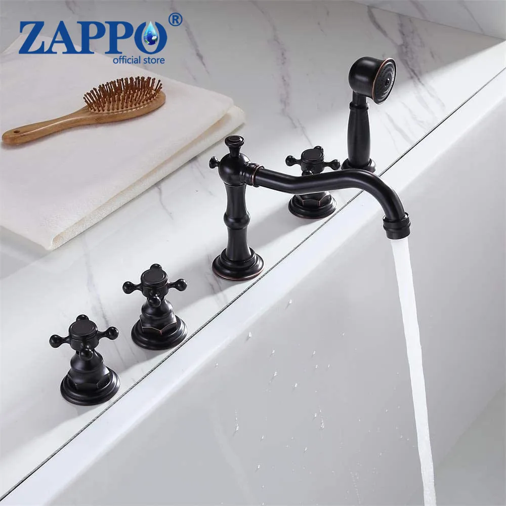 

ZAPPO Roman Bathtub Faucet Set With Hand Shower 4 Hole Deck Mounted Tub Filler With Diverter Shower Systerm Faucets Mixer Tap