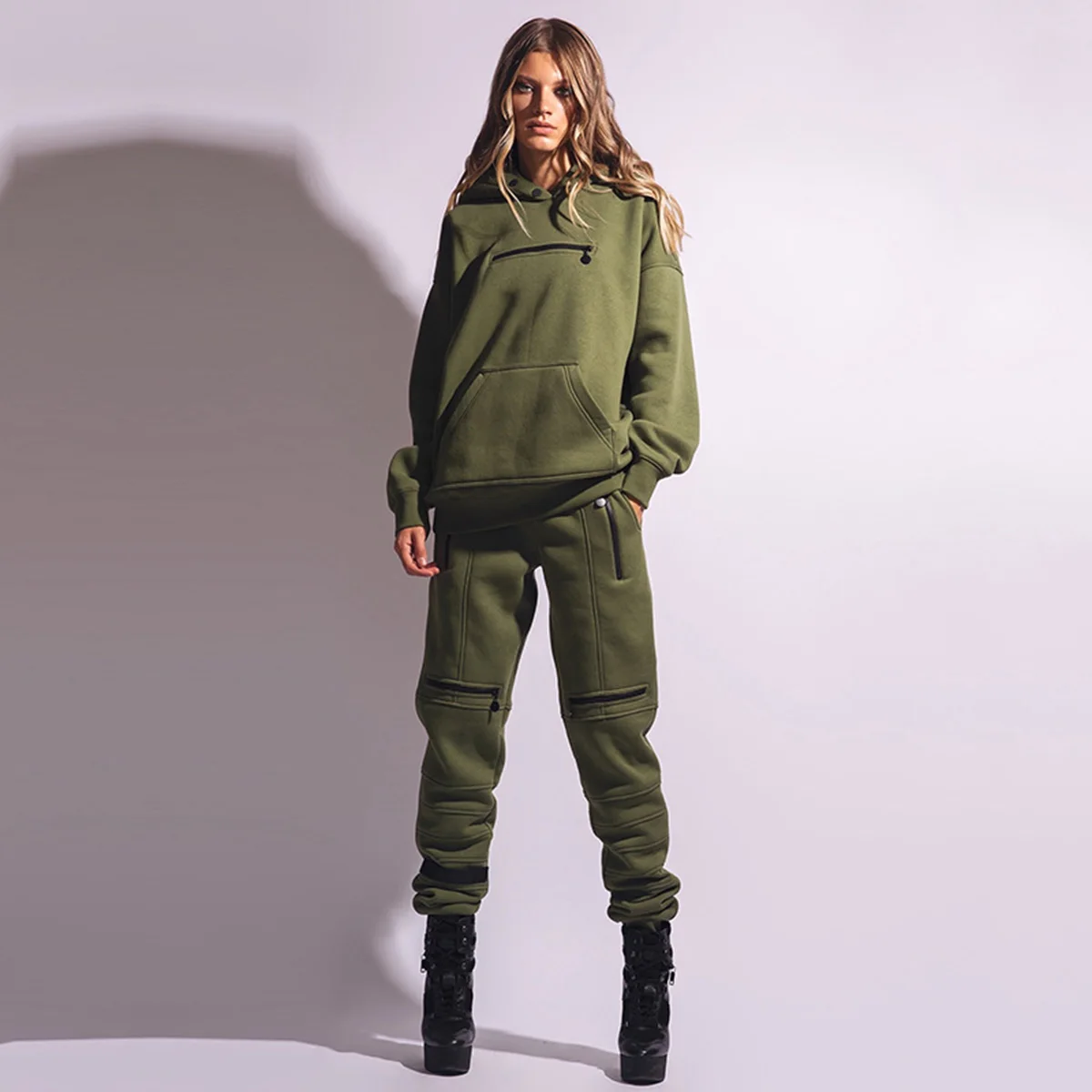 

Uoozee 2022 New Female Stylish High-Waisted Army Green Zipper Casual Pants Fitness Sports Bottoms For Women