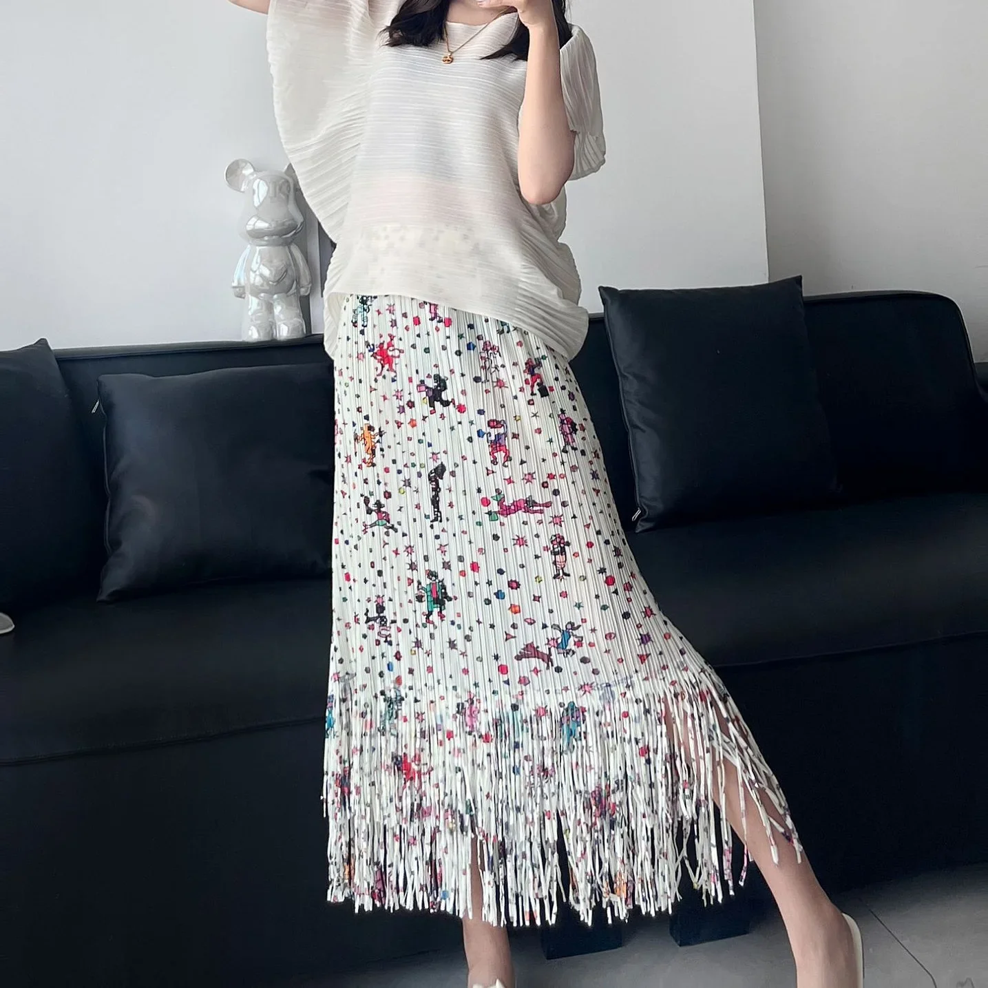 

Женская плиссированная юбка миаке с принтом, свободная простая элегантная короткая юбка с эластичным поясом в японском и корейском стиле, лето 2024
