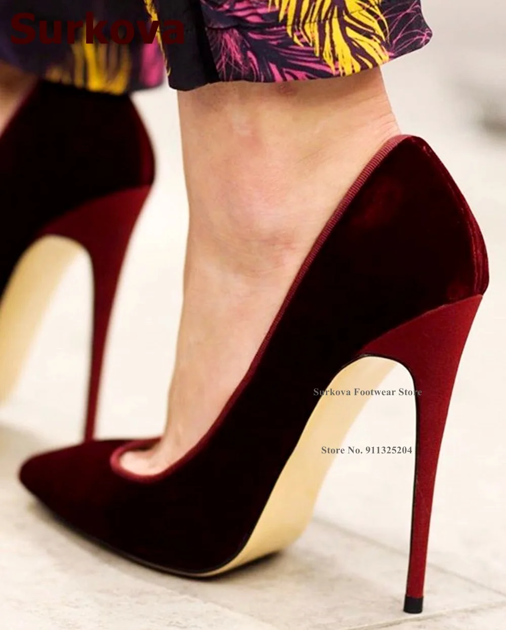 

Surkova Burgundy Velvet 12cm High Heel Shoes Purple Rose Red Stilettos Poitned Toe Shallow Pumps 10cm 8cm Slip-on Dress Shoes