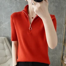 Knitted Short-Sleeved Women's Pullover Spring Summer Semi-High Collar Zipper Slim Top Wool T-Shirt Thin Section Small Outer Wear
Knitted Short-Sleeved Women's Pullover Spring Summer Semi-High Collar Zipper Slim Top Wool T-Shirt Thin Section Small Outer Wear