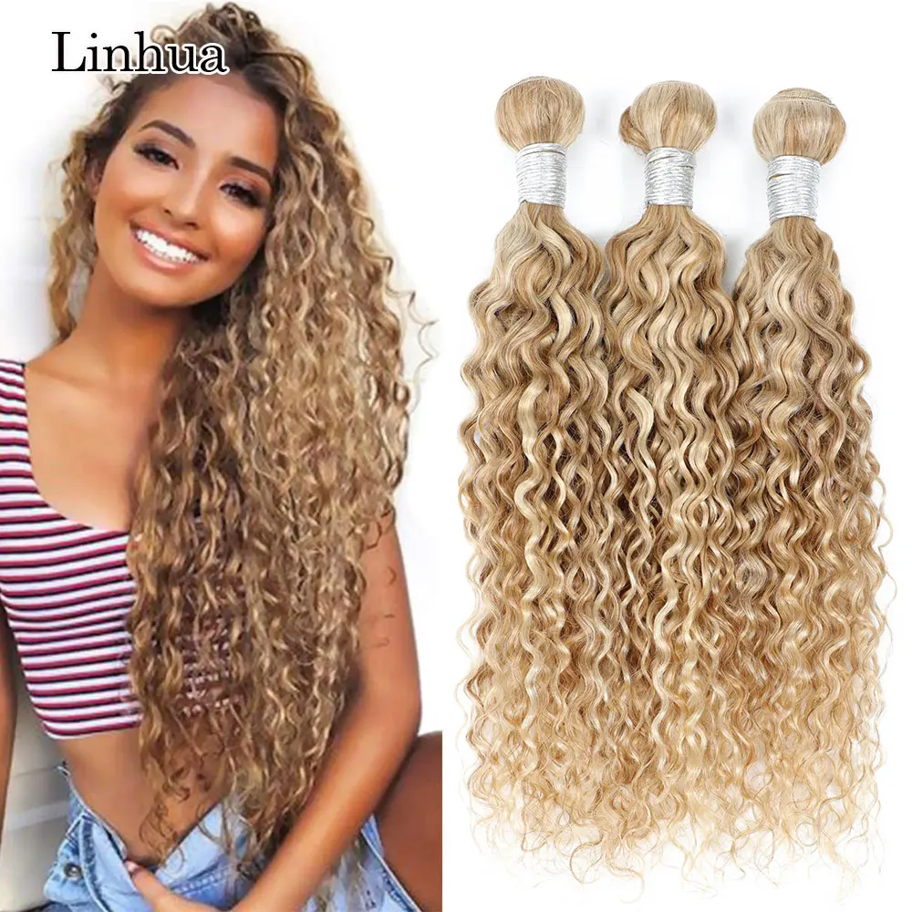 

Linhua Water Wave P27/613 Human Hair Bundles 8 to 30 Inch Curly Human Hair HIghlight Blonde Machine Made Double Weave Weft