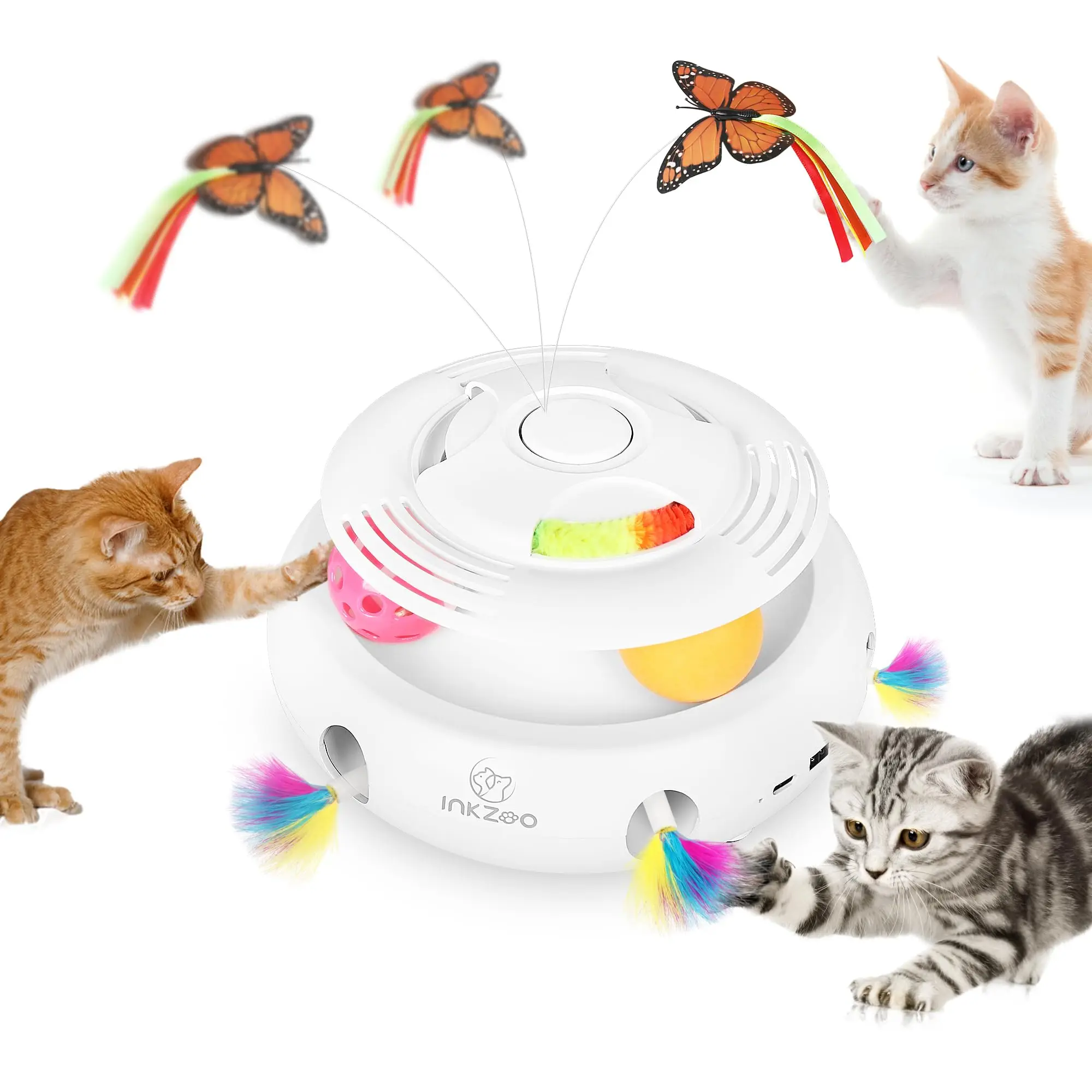 

4-in-1 Interactive Cat Toys for Indoor , Automatic 6 Holes Mice Whack-A-Mole, Fluttering Butterfly, Track Balls,USB Rechargeable