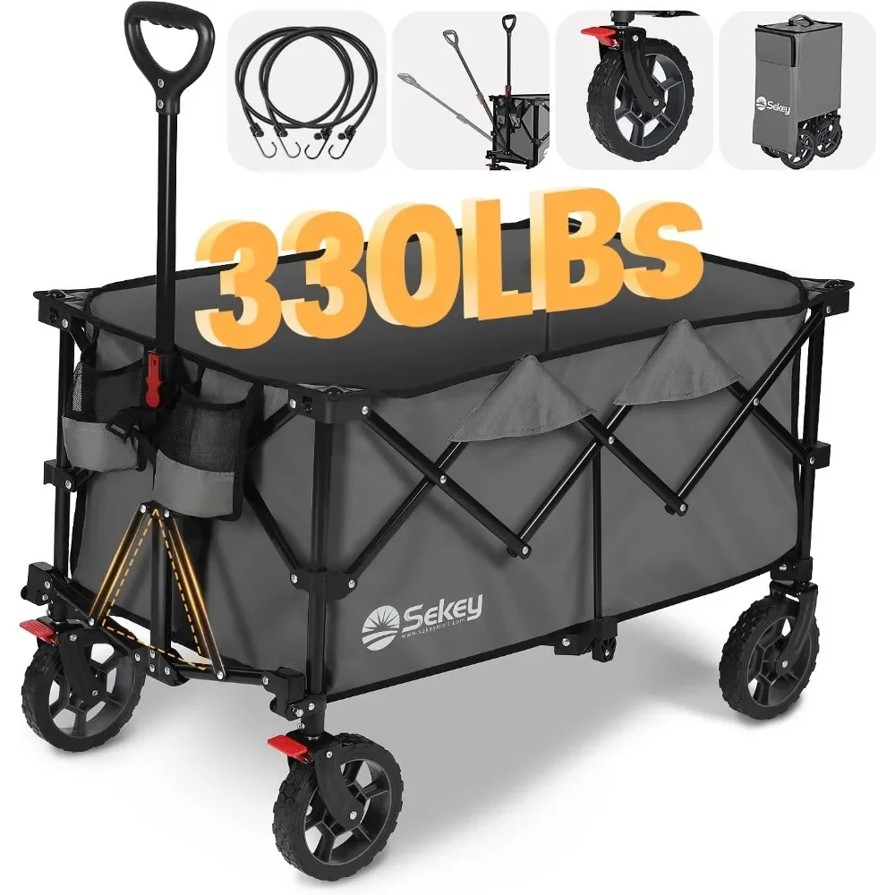 

Folding Cart Heavy Duty Folding Wagon Cart With Big All-Terrain Wheels & Drink Holders.Grey Trolley Handcart Camping Carts Hand