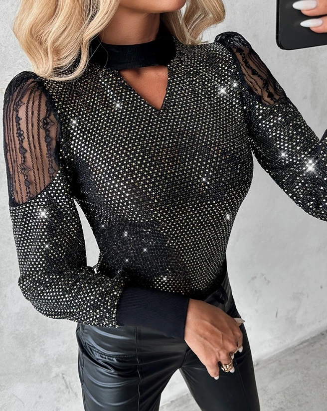

Woman Fashion Keyhole Neck Sheer Patch Sequin Top Female Casual Clothing New Semi-Sheer Long Sleeve Elegant Blouses