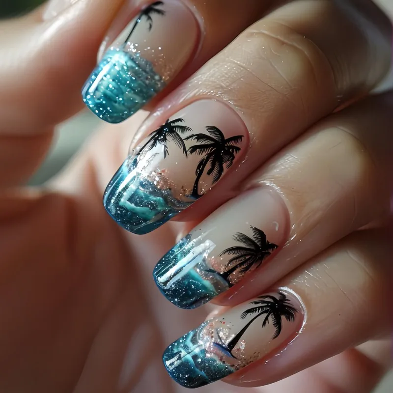 24PCS Summer Ocean Press on Nails Romantic Sunset with Coconut Tree Patterns Glitter French Fake Nails Fashionable Square Nails 13 S67172f9162554a1eb11e0d150ff8bc04p