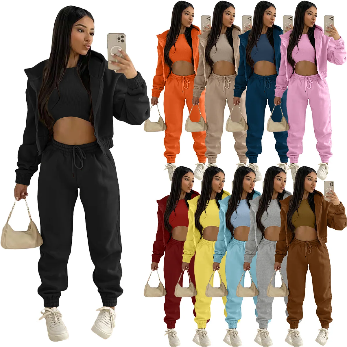 

Women 3 Piece Sets Casual Long Sleeve Zip Hoodies+Ribbed Tank+High Waist Sweatpants Jogger Pant Suits Sporty Three Pieces Outfit