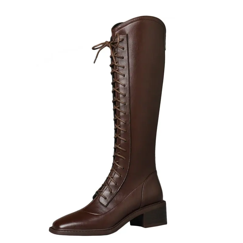 Genuine Leather Ladies Knee High Boots Lace Up Med Square Heels Spring Autumn Casaul Dress Shoes Woman Size 34-40
Genuine Leather Ladies Knee High Boots Lace Up Med Square Heels Spring Autumn Casaul Dress Shoes Woman Size 34-40