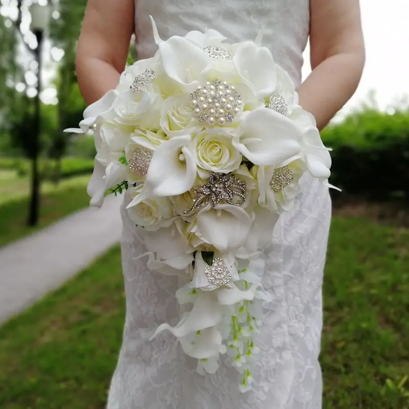 

White Wedding Bouquet Waterfall Flowers with Pearls ramos de novias boda Bouquet De Mariage Mariée