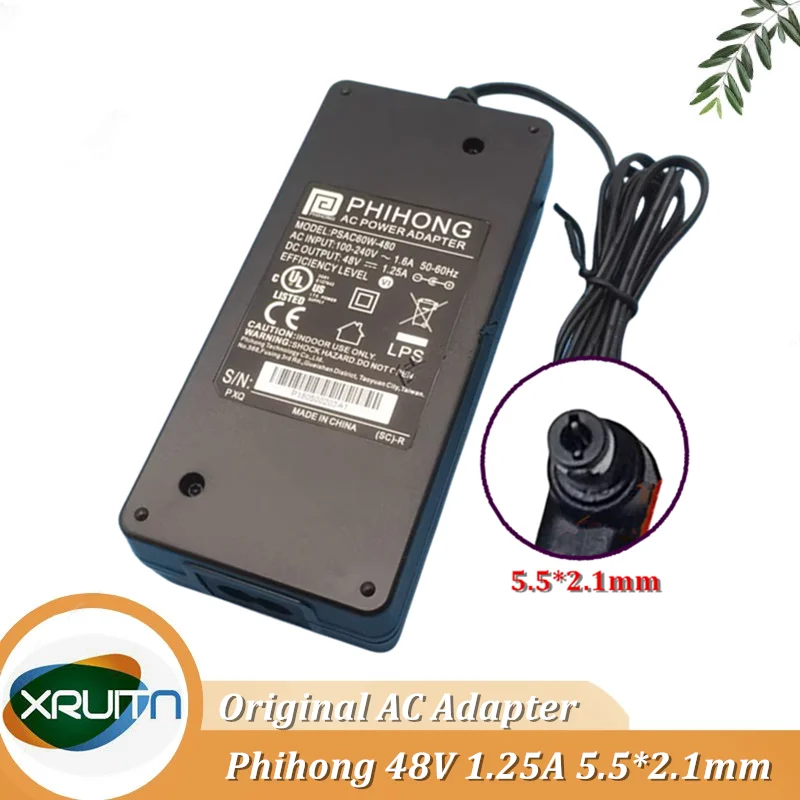Genuine Phihong AC Power Adapter 48V 1.25A 60W 5.5x2.1mm PSAC60W-480 Power Supply Original Charger
Genuine Phihong AC Power Adapter 48V 1.25A 60W 5.5x2.1mm PSAC60W-480 Power Supply Original Charger