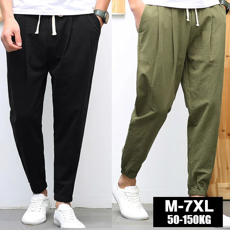 

Summer Casual Cropped Track Pants Mens Loose Harem Pants Fashion Sports School Large Size Lace-up Cotton Jogger Pants 7xl 8xl