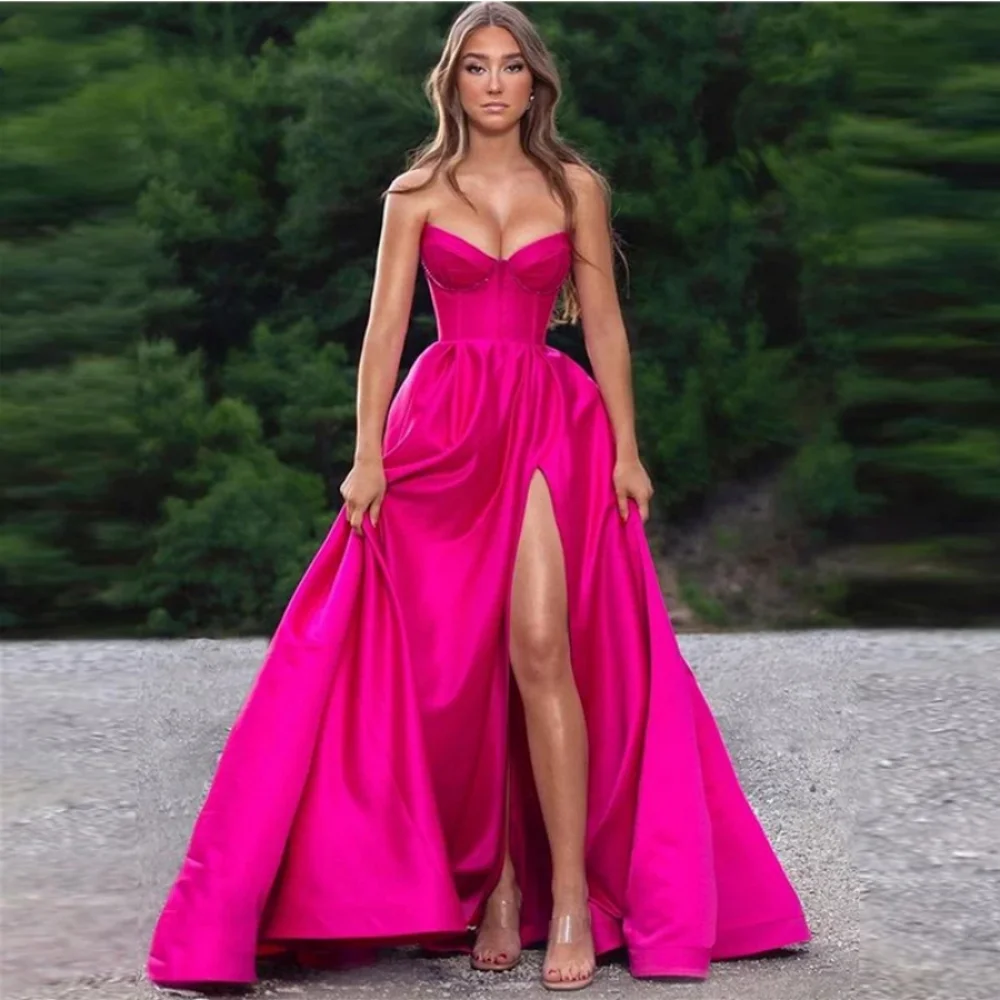 

Elegant Fuchsia Stain Prom Dresses High Side Slit Strapless V Neck Satin Pleats Long Robes De Soiree Evening Formal Party Gowns