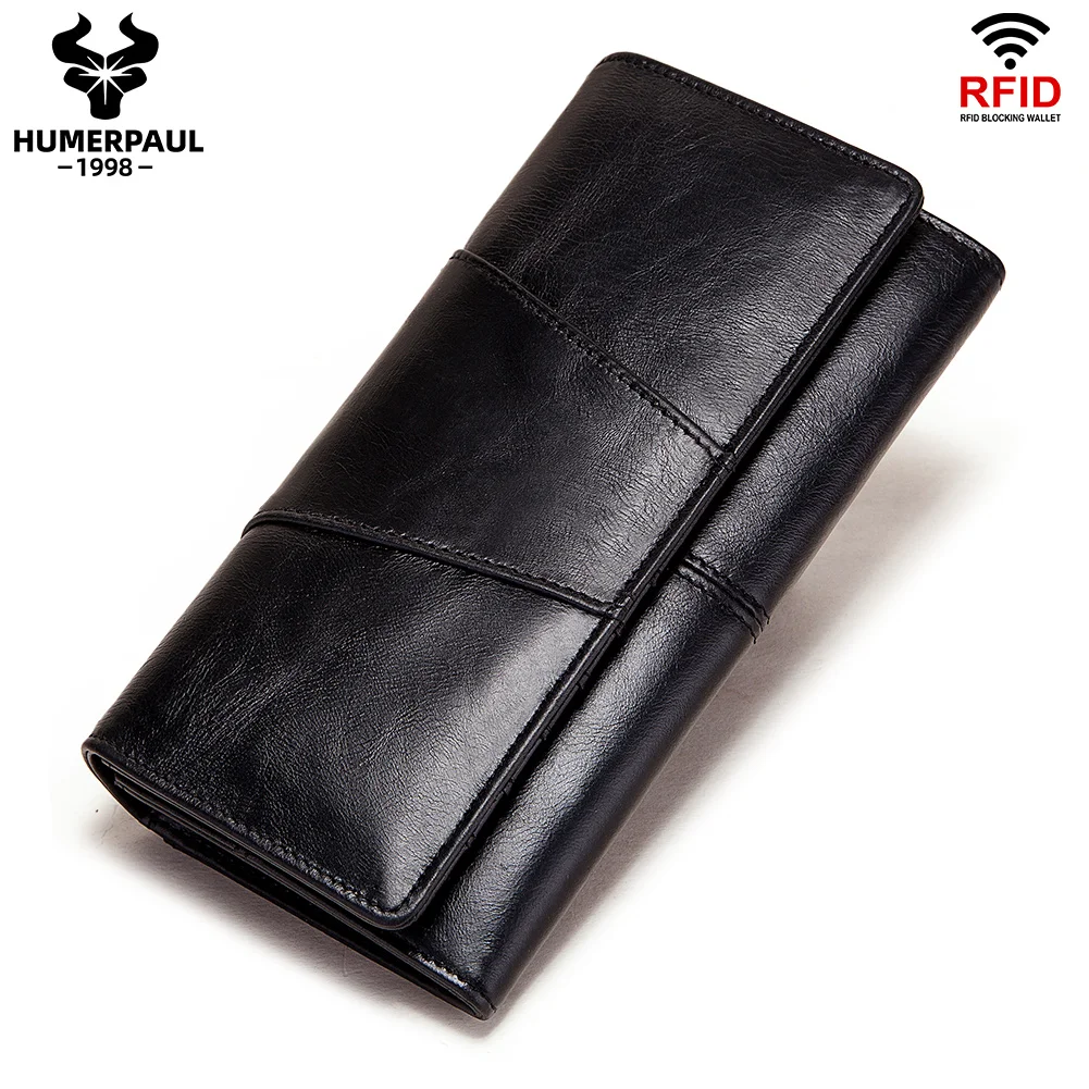 

Long Genuine Leather Men Wallet Convenient Phone Pocket Fashion Clutch Bag For Women Card Holder With RFID Blocking Function