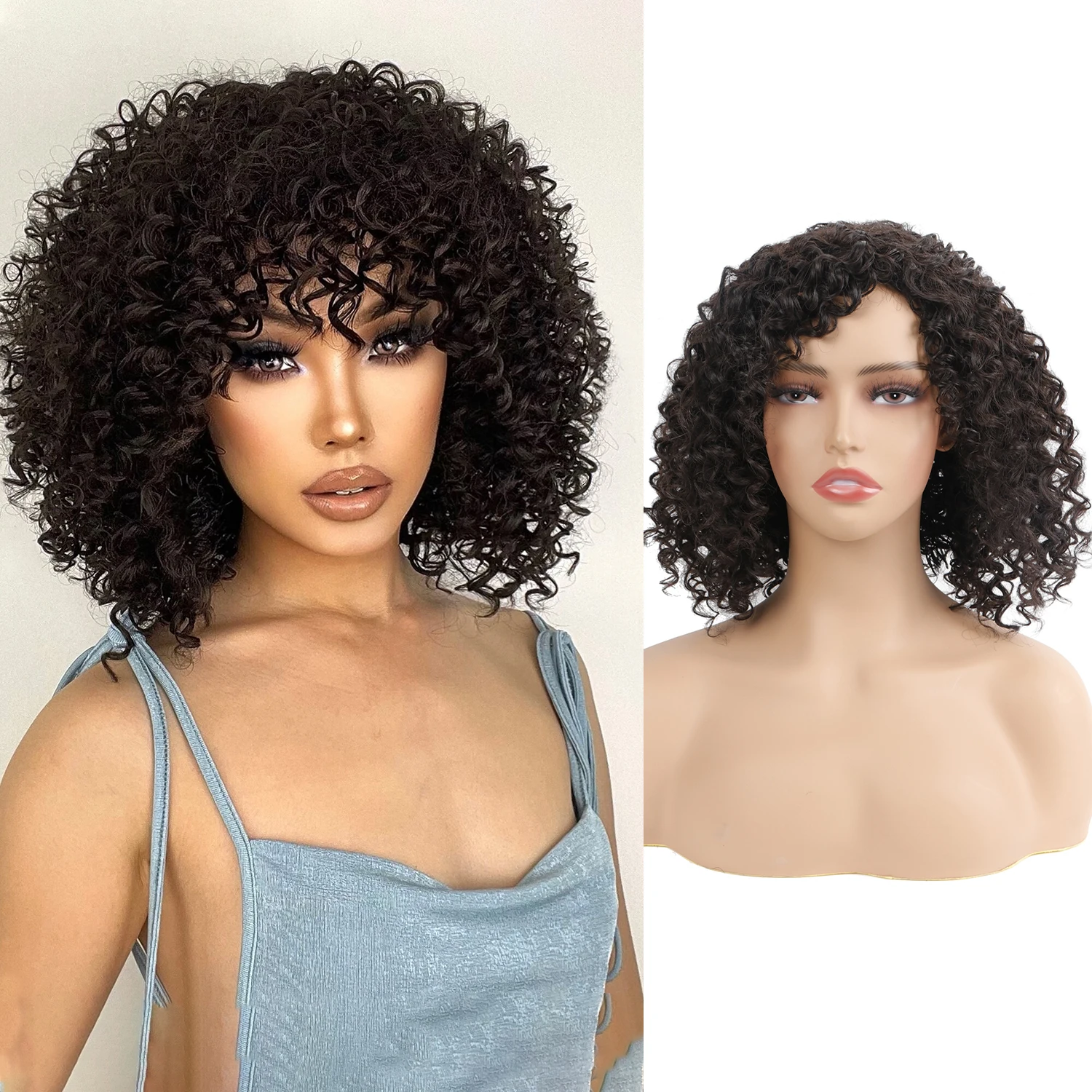 

Черный кудрявый афро парик со звездой и челкой для женщин, короткие кудрявые вьющиеся парики, для ежедневного использования, синтетическое волокно, мягкие волосы, 8 дюймов, 300 г