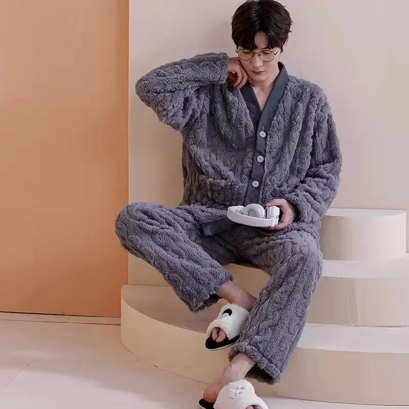 V-neck Sleeve Comfortable Thicken Men's Suit Male Long Two-piece Winter Warm Pyjama Sets Pajamas Flannel Set Loose Sleepwear
V-neck Sleeve Comfortable Thicken Men's Suit Male Long Two-piece Winter Warm Pyjama Sets Pajamas Flannel Set Loose Sleepwear