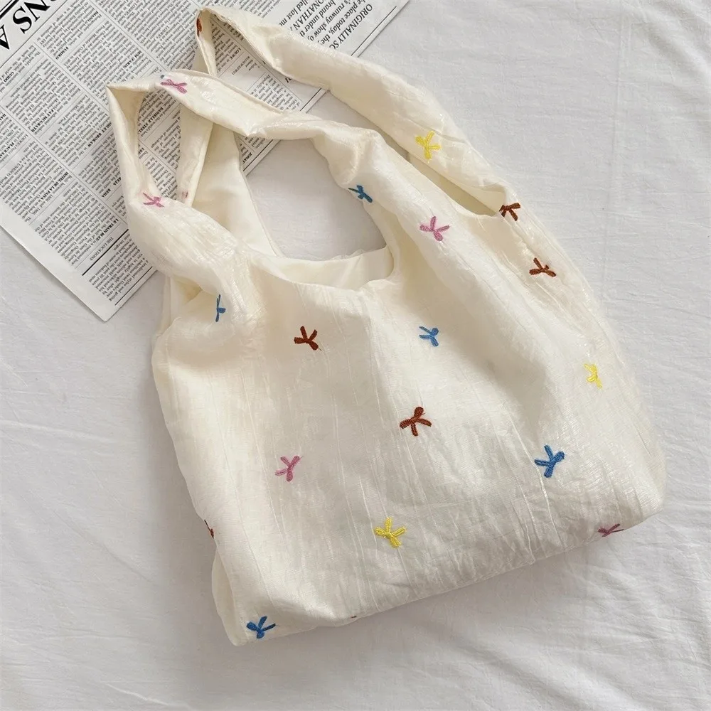 Simple Embroidered Bow Tote Bag Chiffon Solid Color Cherry Shoulder Bag Light Weight Korean Style Canvas Underarm Bag Handbag Simple Embroidered Bow Tote Bag Chiffon Solid Color Cherry Shoulder Bag Light Weight Korean Style Canvas Underarm Bag Handbag