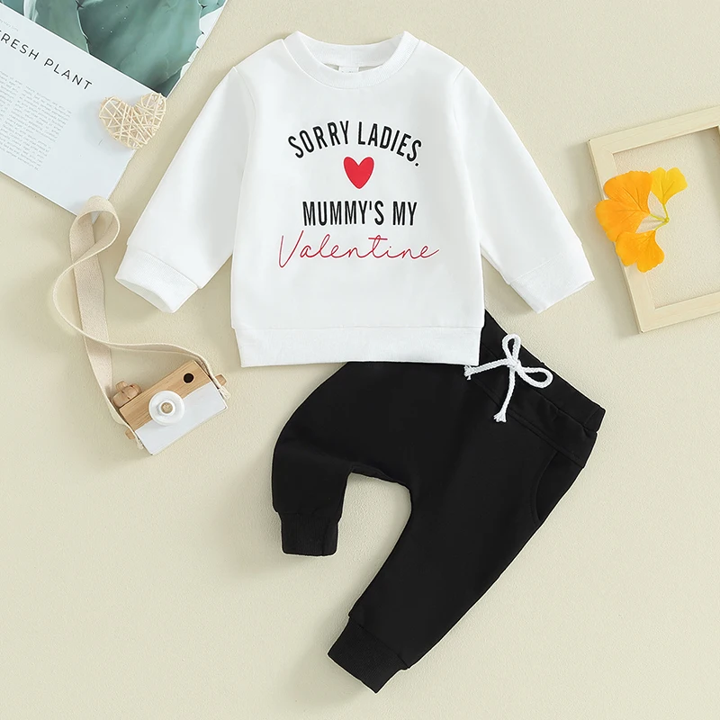 

2023-11-13 Lioraitiin 3M-3Y Baby Boy Valentine’s Day Outfits Long Sleeve Sweatshirt + Solid Color Pants Set Toddler Clothes