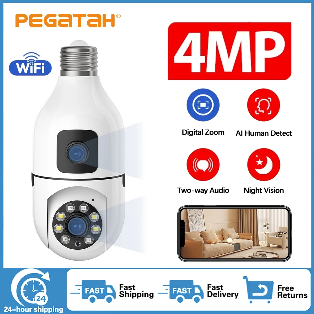 

4MP Bulb WIFI Camera Dual Lens Indoor Surveillance AI Human Tracking Wireles Voice Alarm Camera Smart Home CCTV Security Monitor