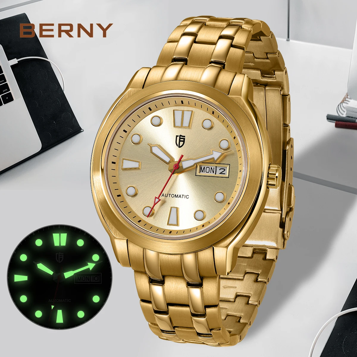 

BERNY Men Automatic Mechanical Watch BERNY 8217 Luminous Gold Day Date Sapphire Stainless Steel Waterproof Wristwatch for Men