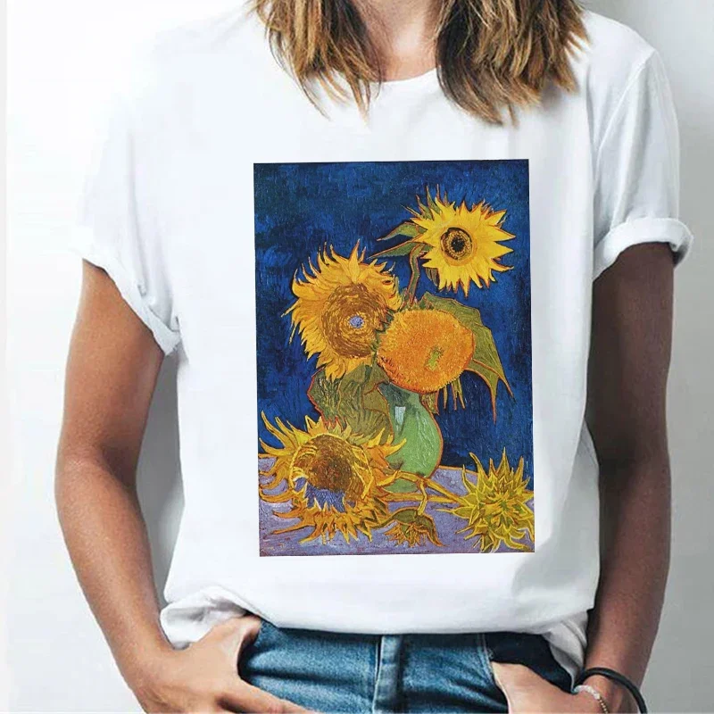 

Aesthetic Sunflower Van Gogh Printing T-Shirts Loose Short Sleeve Woman Tshirts Art White Tops Women Summer 2024 Harajuku Top