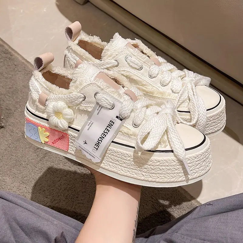 

Women Casual Canvas Platform Shoes Woman High Top Spring 2023 New Vulcanize Pink Floral Espadrilles Tennis Female Sneakers 40