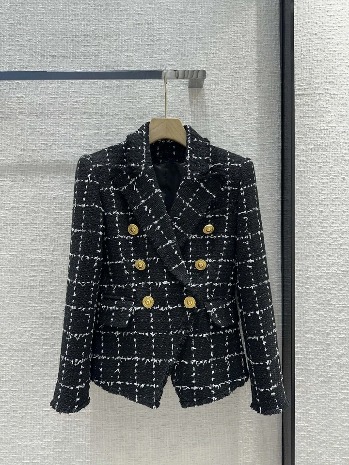 2024 Spring Luxury Women New High Quality Plaid Black Double Breasted Jacket Female Chic Coat
2024 Spring Luxury Women New High Quality Plaid Black Double Breasted Jacket Female Chic Coat